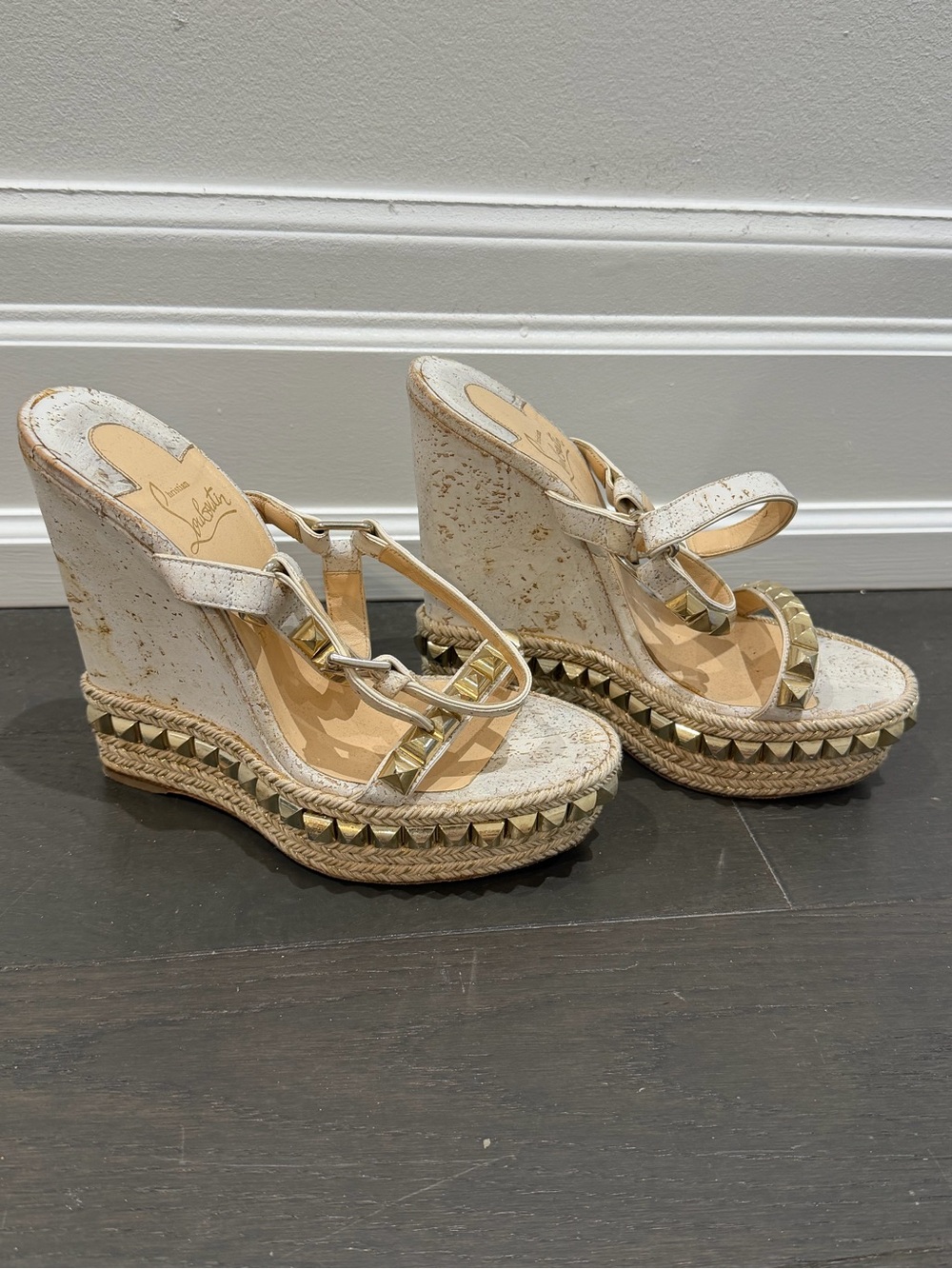 Christian Louboutin White Leather Studded Espadrille Wedge Sandals